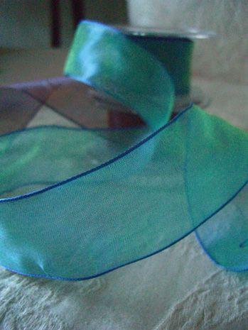 Wedding - Jewel Tone Blue Ice With Green Organdy Ribbon Wired 1.5" Wide 9 Yds