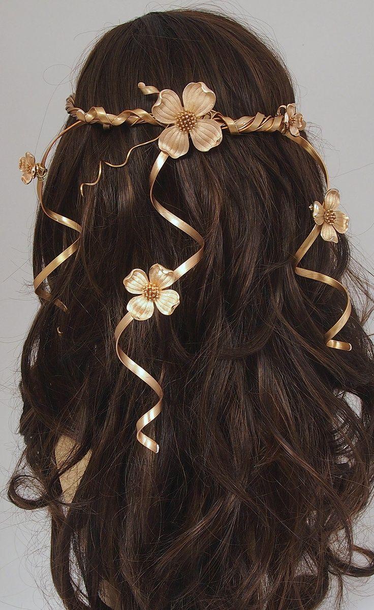 Wedding - Back In Stock - Wedding Headpiece - Hair Accessory - Gold Circlet Floral Crown - Cascading Flower Vines - Vintage Flowers
