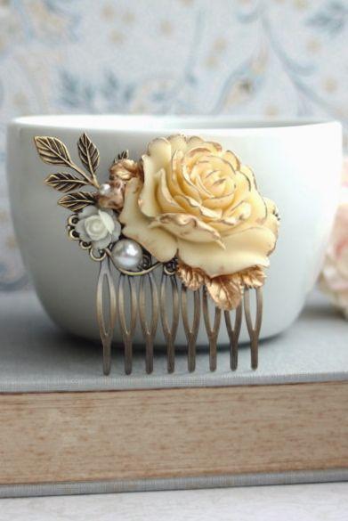 Wedding - Wedding Hair Accessory. Bridal Comb. Shabby Antiqued Ivory Gold Rose Hair Comb. Cream Rose Gold, Leaf, Pearl Hair Comb. Bridesmaid Gift