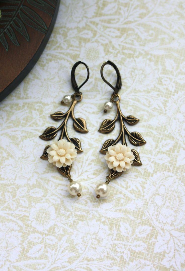 Wedding - An Ivory Dahlia Flower, Oxidized Brass Leaf, Cream Ivory Pearls Leverback Earrings. Bridesmaids Gifts. Vintage Themed Wedding Earrings