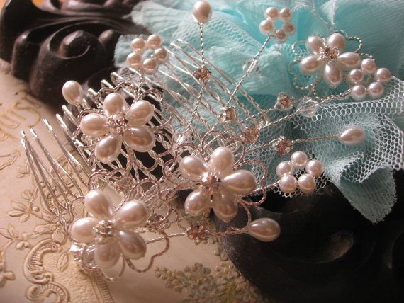 Hochzeit - Mini Blumen und Perlen Swarovski Strass Kristallen Hochzeit Braut-Haar-Kamm
