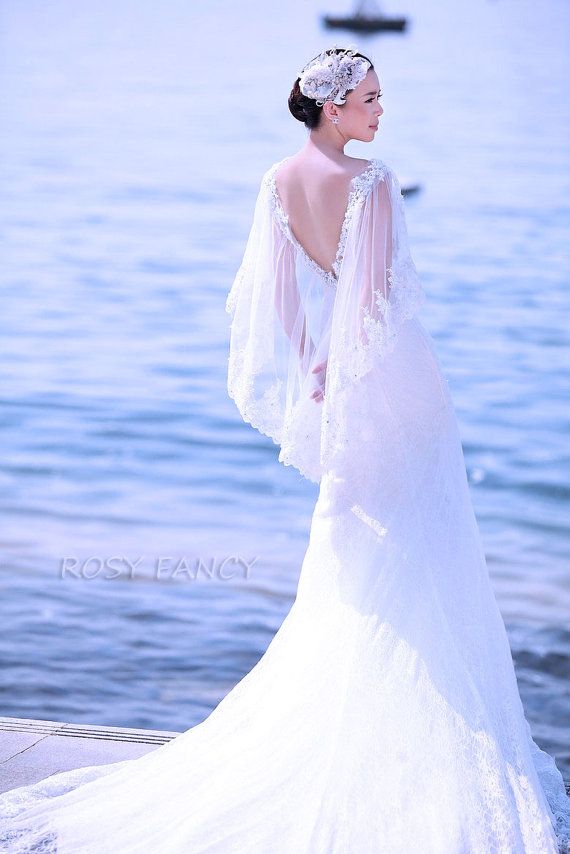 Wedding - Custom Made Romantic Sexy Deep V-neck Lace Cape Sleeves Wedding Dress / Bridal Gown