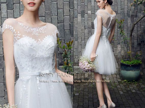 Wedding - Mellifluous Sweetheart And Illusion Neck A-line Short Wedding Dress With Beading Embroidery