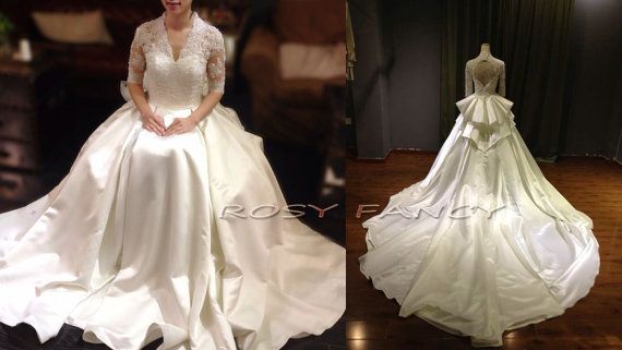 Wedding - Classic Vintage Lace Sleeved Cathedral Train Duchess Satin Bridal Ball Gown / Wedding Dress