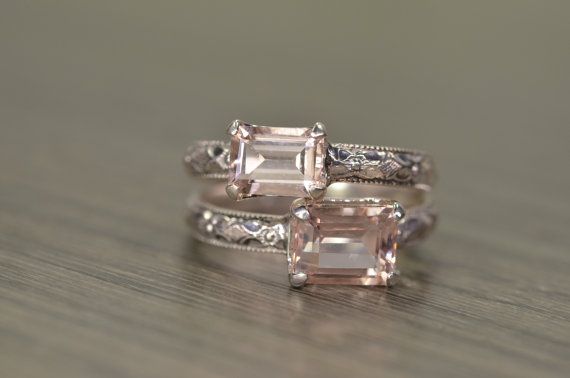 Wedding - Morganite Ring, Size 7 7.5, Emerald Cut Silver Milgrain Solitaire - Fitz Ring