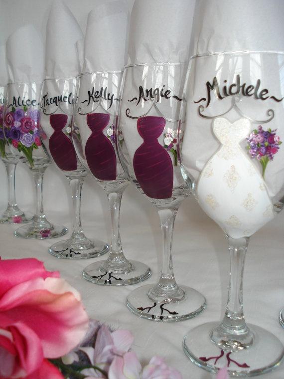Wedding - Hand Painted Personalized Bridesmaid Dress Wine Glasses - GIFT WRAPPING AVAILABLE