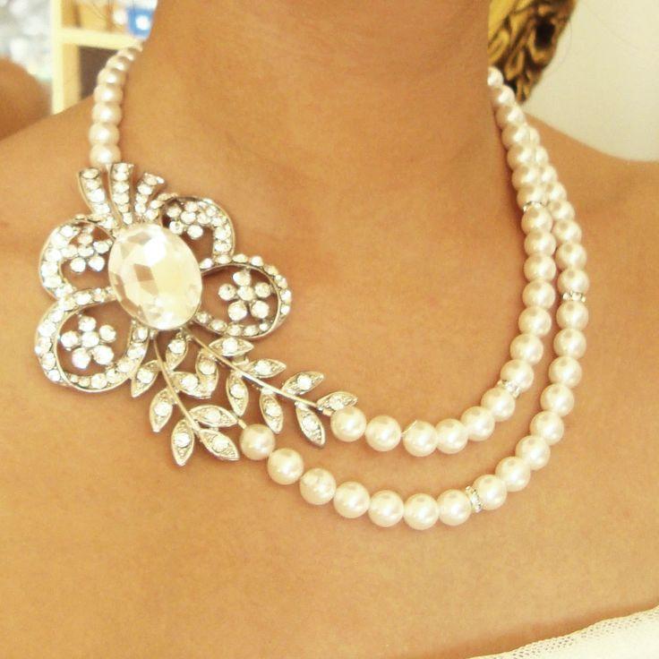 Hochzeit - Perle Braut Halskette, Vintage Brauthochzeits-Schmucksachen, Rhinestone-Blumen und Blätter Halskette, Erklärung Braut Juweliere,