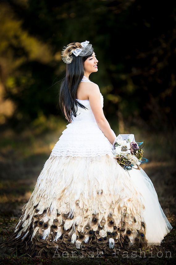 Wedding - Ivory Peacock Feather Wedding Gown Skirt - Handmade Peacock Feather Skirt Of 500 Plus Feathers - Custom Bridal Gown