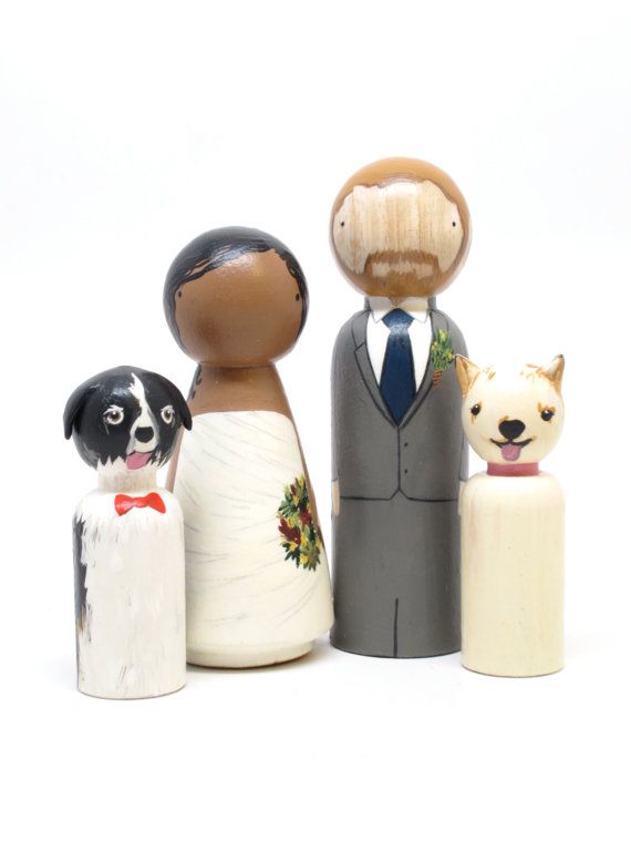 Wedding - Personalized Wedding Cake Toppers Bride/Groom Wedding Decor With Two Pets Or Children Goose Grease The Original Custom Wooden Peg Dolls