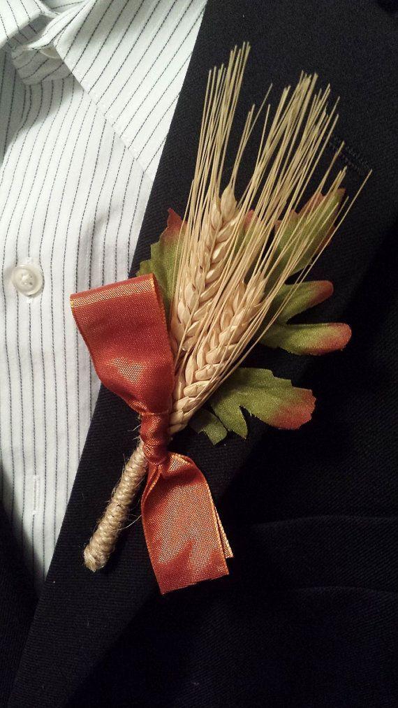 Wedding - Rustic Fall Wedding Boutonniere (Boutineer) - Wheat With Burnt Orange Ribbon