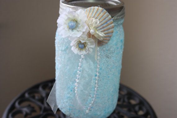Wedding - Wedding Centerpiece Vase Quart Mason Jars Light Blue Beach Themed Wedding Birthday Party Anniversary Real Shells And Flowers And Pearls.