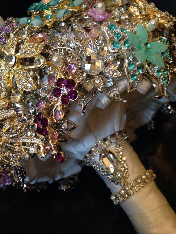 Wedding - Wedding Brooch Bouquet. Deposit On Made To Order Crystal Bling Diamond Bridal Broach Bouquet. Pink Purple Gold Blue Jeweled Broach Bouquet