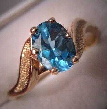 Wedding - Estate Vintage Blue Topaz Ring 14K Gold Retro Wedding Ring