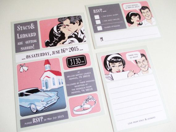 Wedding - Retro Wedding Comic Book Style No.2 Invitation Suite, Printable Set, Digital Templates, In Pink And Mint