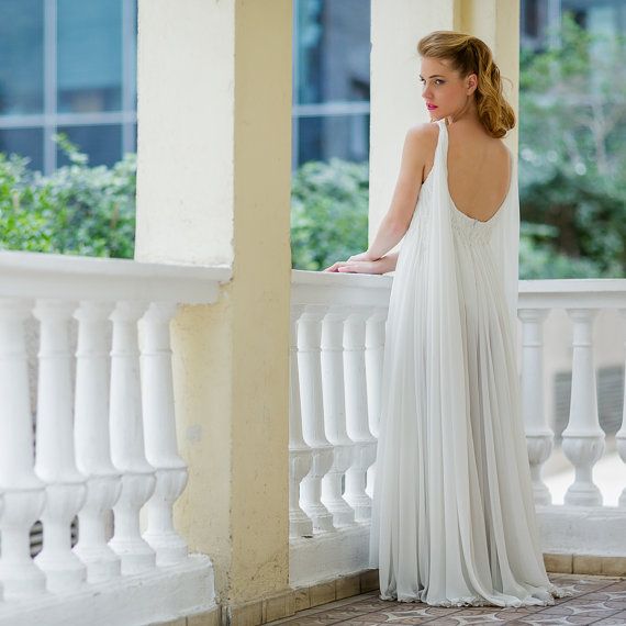 Hochzeit - Couture Rückenfrei Chiffon versammelt Hochzeitskleid, bodenlangen Hochzeitskleid, böhmischen Hochzeitskleid, Weiß / Elfenbein Ho