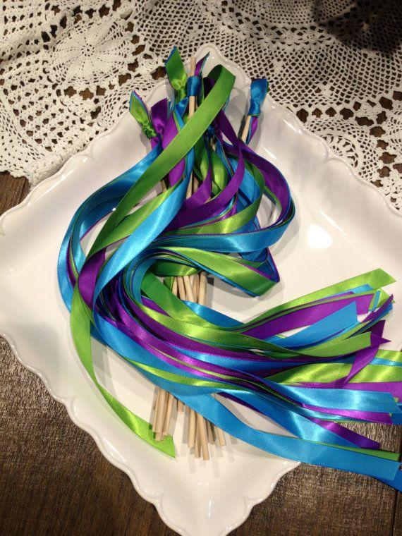 Wedding - 150 Wedding Wands, CUSTOM COLORS To Match Your Wedding, 3 Satin Ribbons, With Bell, Peacock Theme, Send OFF