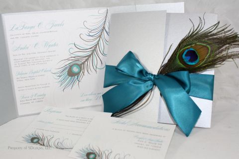زفاف - الطاووس دعوات الزفاف - فضي وأزرق مخضر