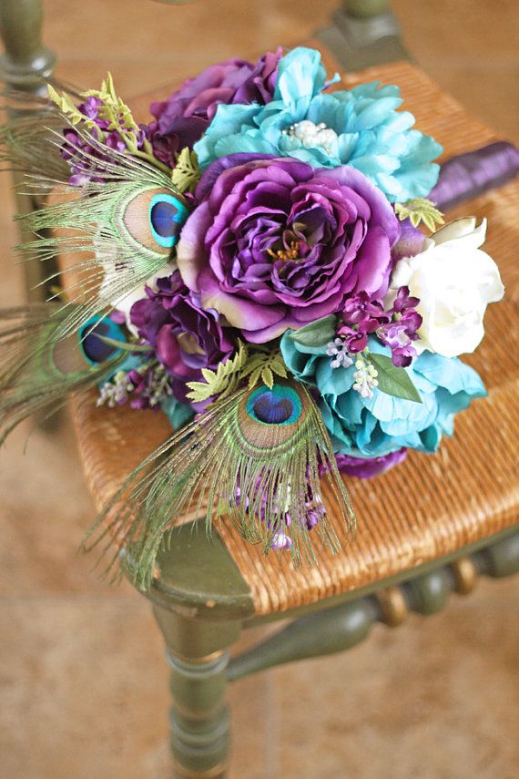 Wedding - Plum And Teal Jeweled Peacock Wedding Bouquet