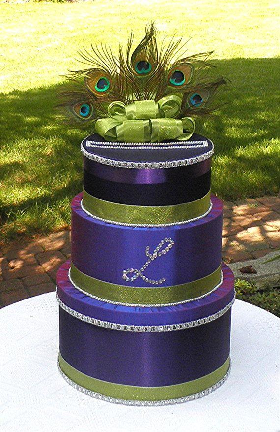 Свадьба - Свадебная открытка Money Box ПАВЛИНЬИ перья начальная вензель настроить цвета Dupioni Silk 28 дюймов высотой