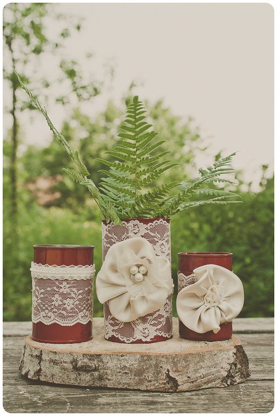 Wedding - 3 Vintage Lace Tin Can Vases. Ivory/cream/red. Wedding Centerpiece. Christmas Centerpiece