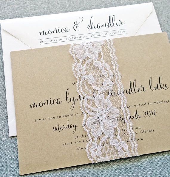 Wedding - Monica Calligraphy Script Recycled Kraft Wedding Invitation Sample With White Lace Ribbon Belly Band