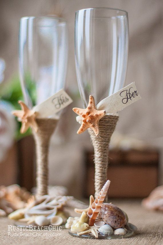 Wedding - BEACH Champagne Flutes / Bride And Groom Wedding Glasses With Rope, Starfish, Shells