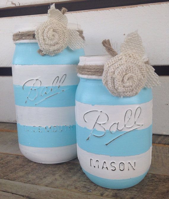 Wedding - Aqua Blue And White Striped Painted Mason Jars Rustic Summer Decor Painted Jars Beachy Decor