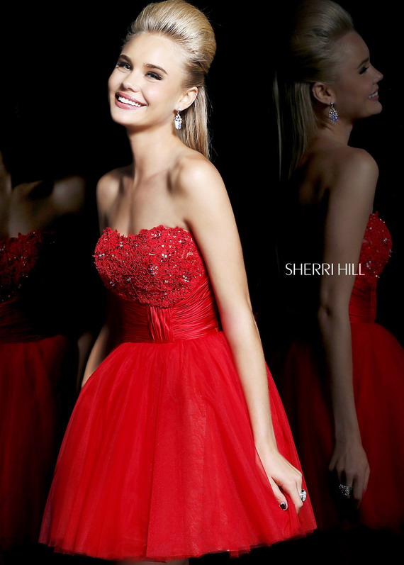 زفاف - Short Red Strapless Lace Beaded Top Tulle Homecoming Dress