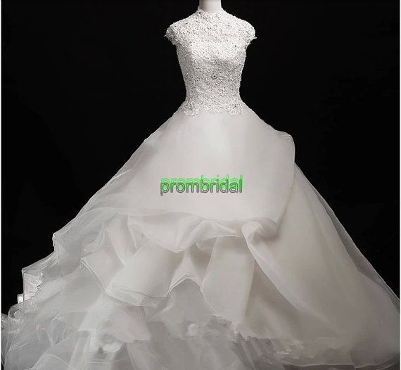 Свадьба - 2014 год новые приходят высоким воротником короткие рукава аппликации кристалл бальное платье тюль кружева с открытой спиной дли