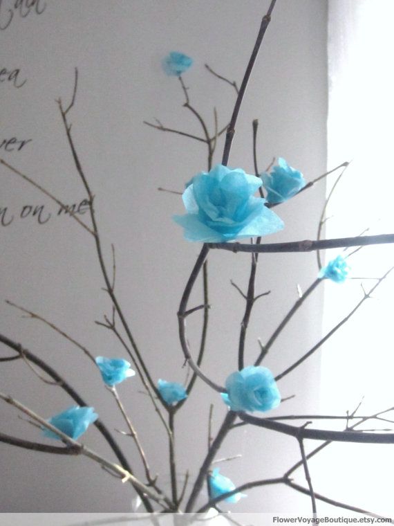 Wedding - Rustic Blue Big Centerpiece "Sky Mist" With Tree Branches And Paper Flowers. Spring, Wedding, Shower, House Decoration. Handmade. Custom