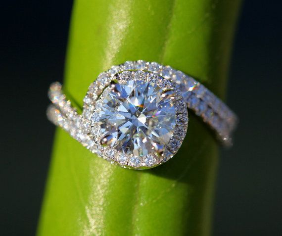 Wedding - Wedding Set - 14k White Gold - Diamond Engagement Ring And Matching Band - Halo - UNIQUE - Thin Swirl - Pave - Bp0013