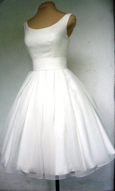 Wedding - A Beautiful Ivory 50s Wedding Dress With Boat Neck, And Darling Tea Length Pleated Skirt