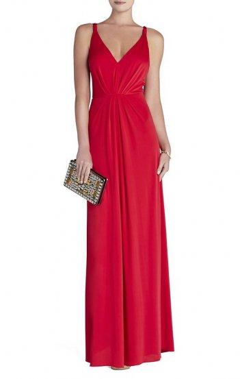 زفاف - BCBG Red Hali V Neck Pleated Evening Gown