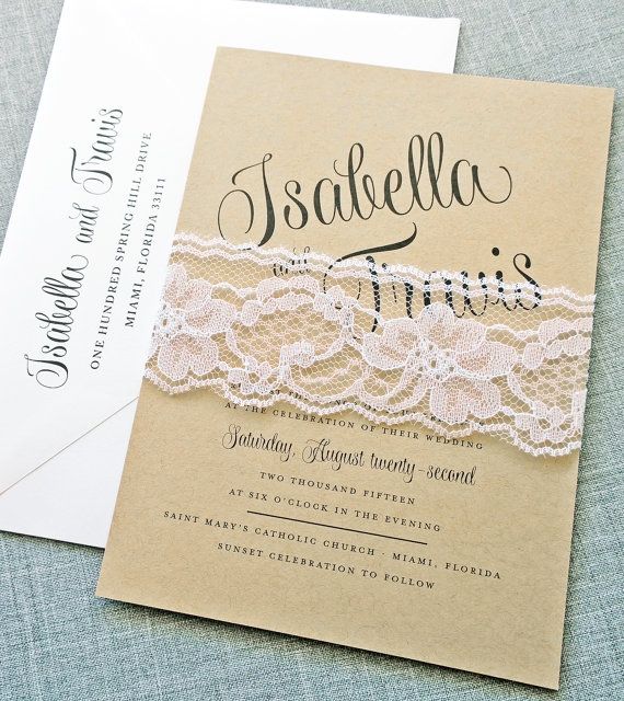 Wedding - Isabella Script Recycled Kraft Wedding Invitation Sample With White Lace Ribbon Belly Band