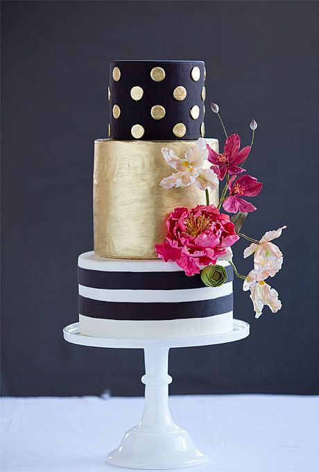 Wedding - A Modern, Black And Gold Wedding Cake - With Flowers And Fondant Dots And Stripes By Wild Orchid Baking Company
