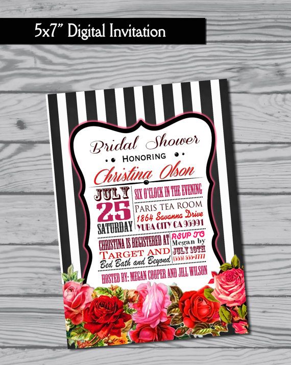 Wedding - Bridal Shower Invitation / Birthday Invitation / Baby Shower Invitation / Roses / Black And White Stripes / Print Yourself / Digital