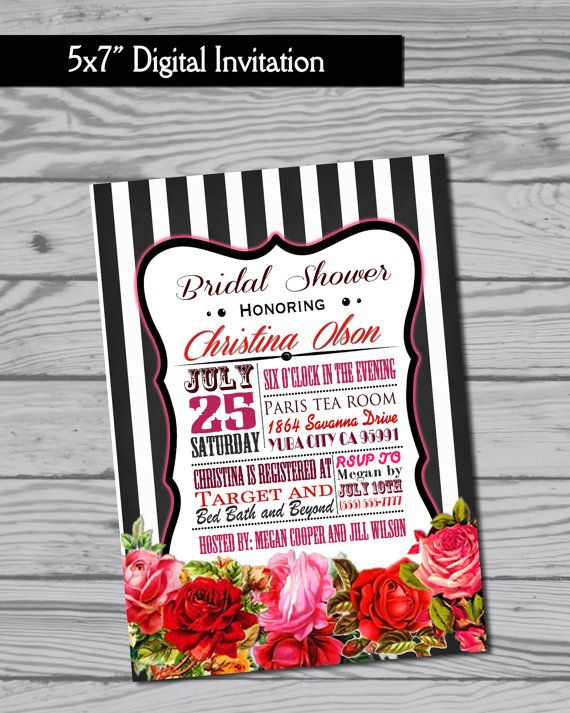 Mariage - Invitation de douche Invitation nuptiale de douche / Anniversaire / bébé / Roses / rayures noires et blanches / Imprimer Yoursel