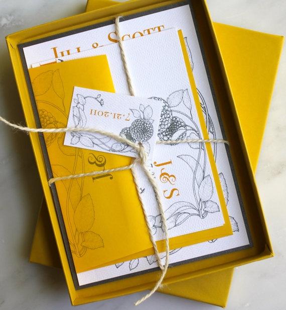 Wedding - Vintage Yellow - Boho Wedding Invitations, Yellow, Ivory Twine, Brown Kraft - Purchase For A Sample