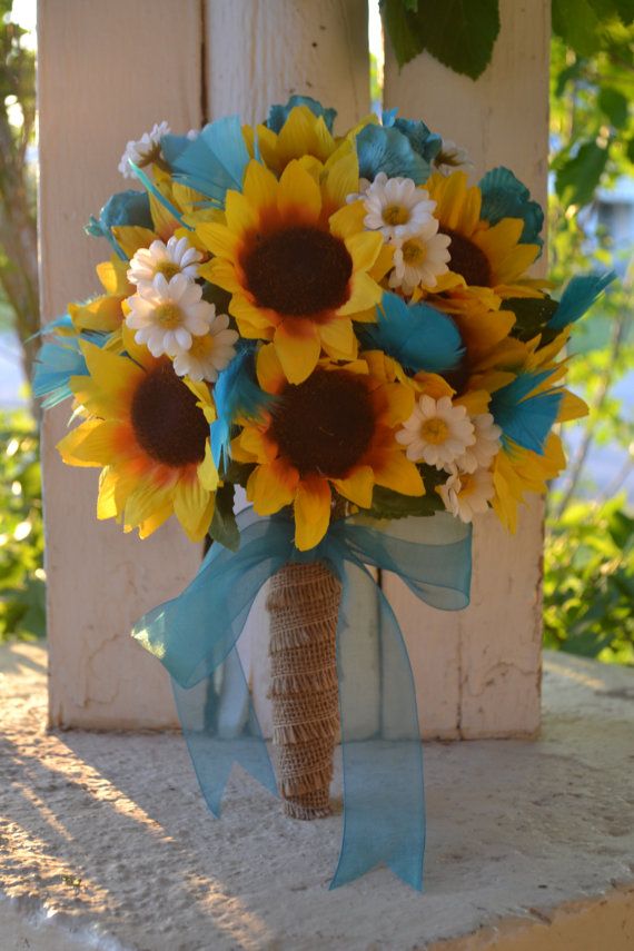 Wedding - Rustic Sunflower Bouquet Country Southern Bride Bouquet Rose Feathers Burlap Daisy Turquoise Blue Teal White Yellow Boutonniere