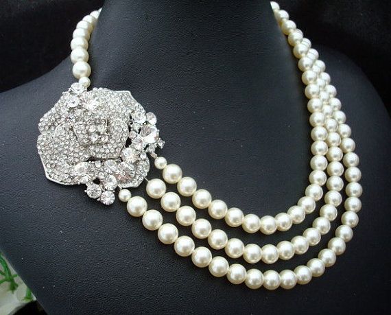 Wedding - Bridal Pearl Necklace, Ivory Or White Pearls, Rose Rhinestone Brooch,Bridal Rhinestone Necklace, Statement Bridal Necklace,Pearl, ANGELINA