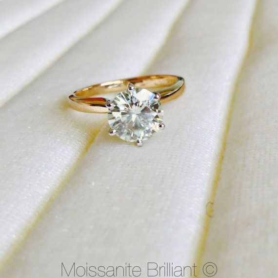 Wedding - 8mm Moissanite Round Two-tone 14K White Gold 6 Prongs And Yellow Gold Band Solitaire 2 Carat Ring By Charles & Colvard