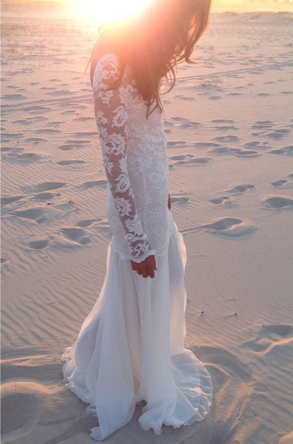 Wedding - Long Lace Sleeve Wedding Dress With Stunning Low Back And Silk Chiffon Train Boho Vintage Bride