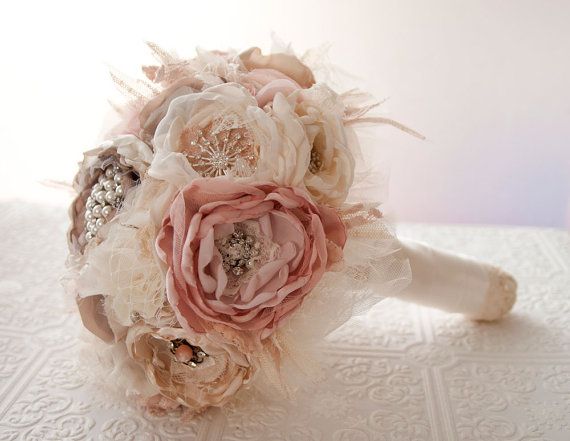 Wedding - Fabric Bouquet, Brooch Bouquet, Fabric Flower Wedding Bouquet, With Rhinestone And Pearl Brooches, Silk Blush Flowers