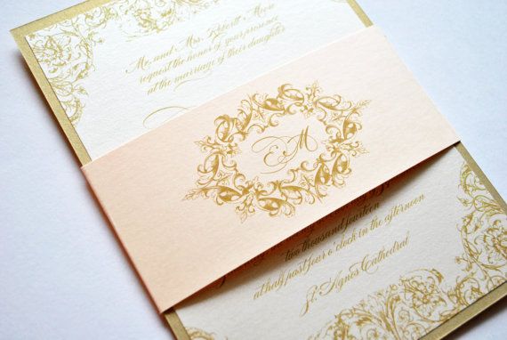 Mariage - Invitation d'or, d'or invitations de mariage, Blush, Fard à joues, Champagne, rose, or, victorien, élégant, Invitation vintage, 