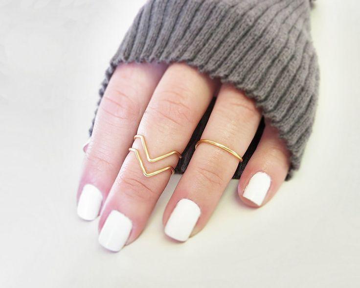 Wedding - Gold Knuckle Ring Chevron Set Of 3 Gold Tone Handmade Stacking Adjustable First Knuckle Rings, Band And Chevron Dainty Petite Midi