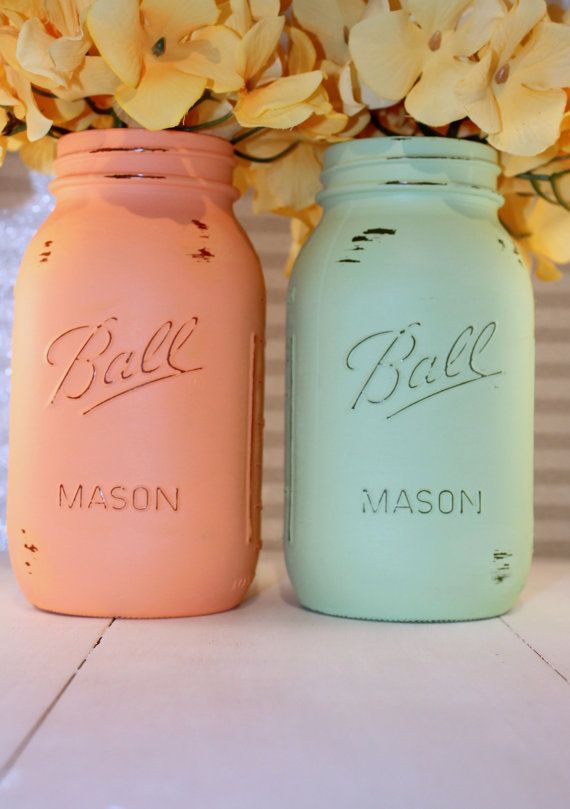 Wedding - Painted Mason Jars- Peach And Mint Green Painted Mason Jars, Wedding Decor, Bridal Shower Decor