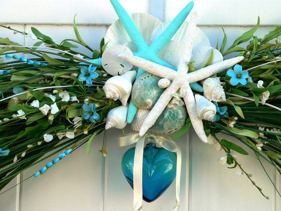 Wedding - Beach Wedding Arch For Gazebo Or Trellis-BEACH WEDDING DECORATION-Blue Glass Heart Wedding Decoration-Starfish Beach Wedding Decor-Shells