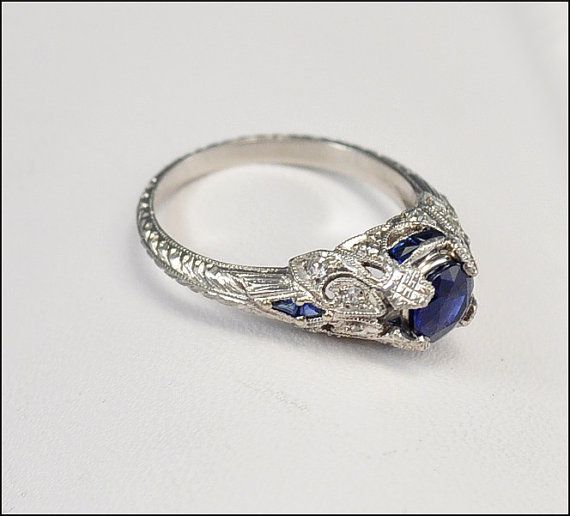 Wedding - Antique Art Deco Ring Platinum Diamond Engagement Ring Sapphire Fine Jewelry Vintage 1920s Art Deco Jewelry