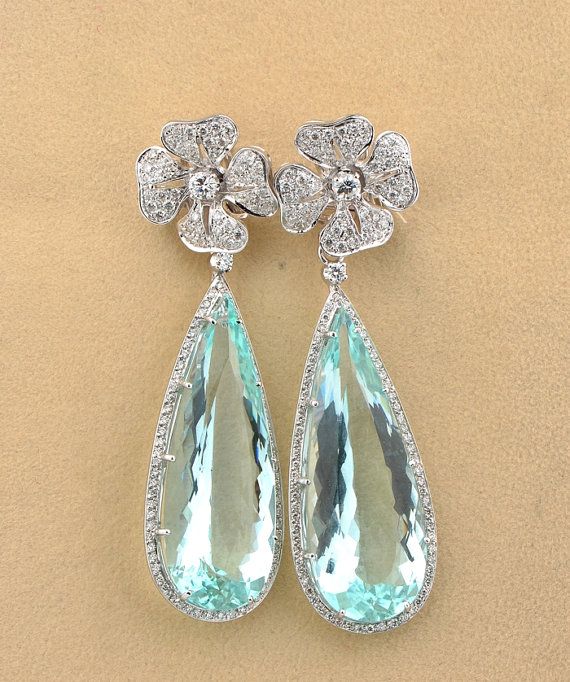 Wedding - Spectacular Large 56.00 Ct Natural Aquamarine And Diamond Rare Drop Earrings