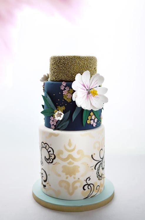 Wedding - This Cake Is A Midsummer’s Night Dream, Featuring A Scattering Of Lilac And Spring Green Fondant Flowers Against A Deep ...